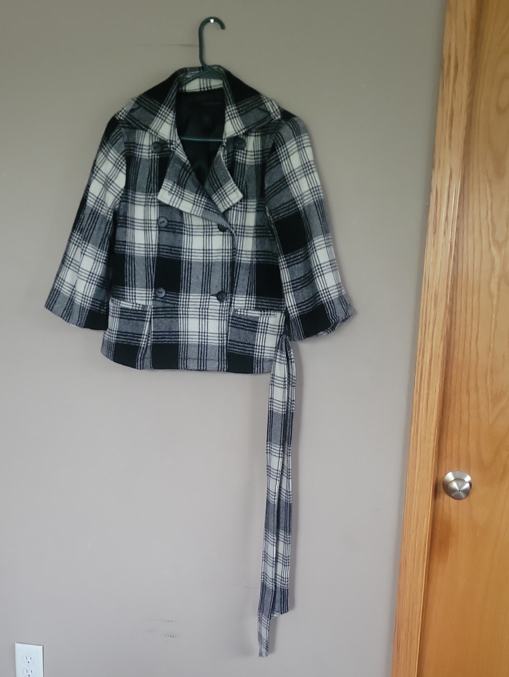 Calvin Klein Black & White Plaid Peacoat with Waist Sash